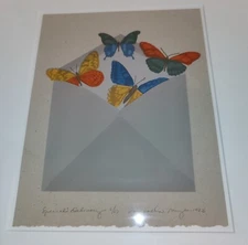 VTG Art Print Butterflies Envelope Special Delivery Signed Numbered Wood Frame 