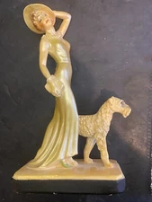 ART DECO WOMAN WALKING DOG FLAPPER YELLOW GLOSS STATUE TABLE TOP RARE