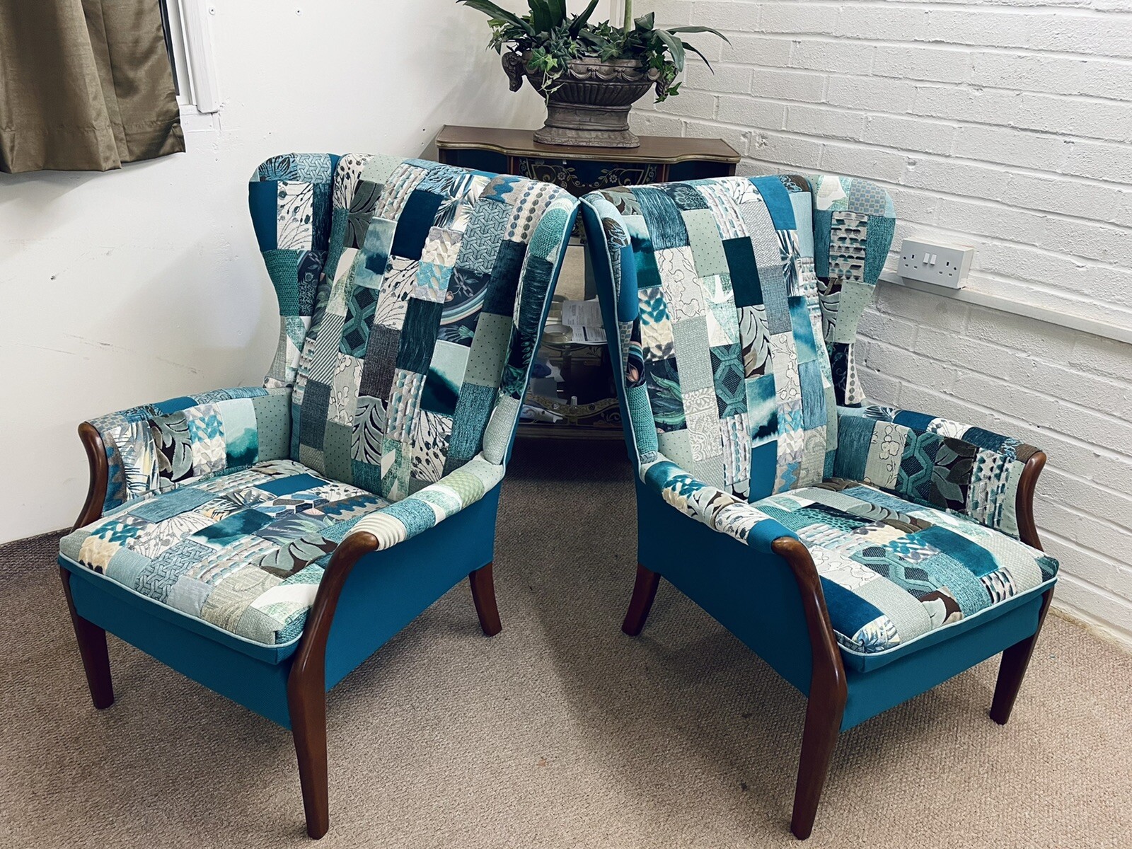Set Of 2 Parker Knoll Wingback Chairs Newly Upholstered in Patchwork