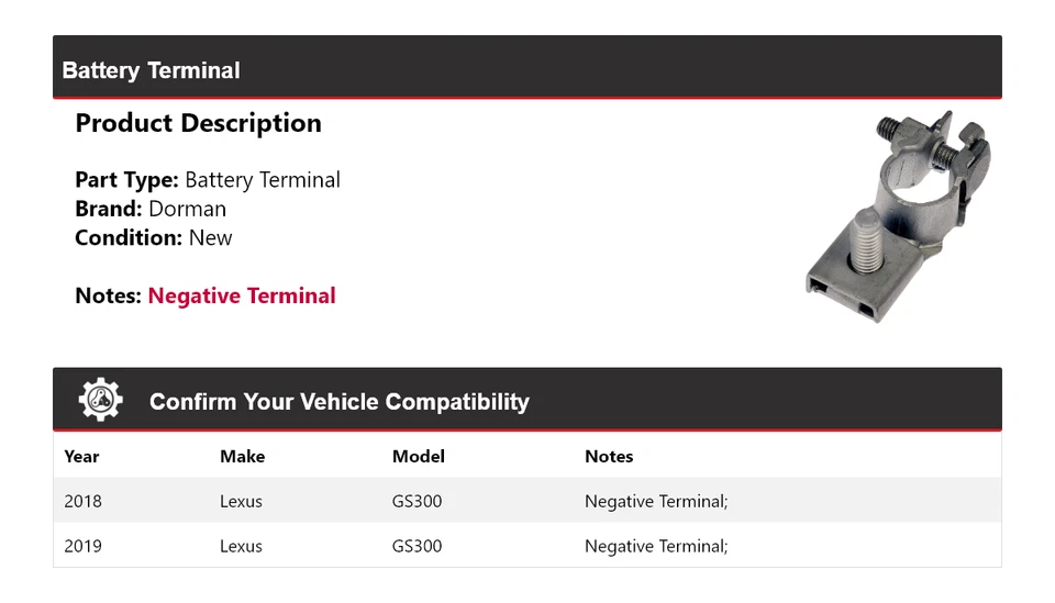 Terminal de batería Dorman para Lexus GS300 2018-2019 Foto 2 de 4