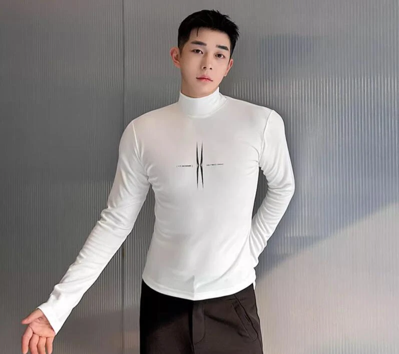 Men's Fashion Autumn Turtle Neck Long Sleeve Slim Printed T-shirt Youth Pullove - Image 3 of 4