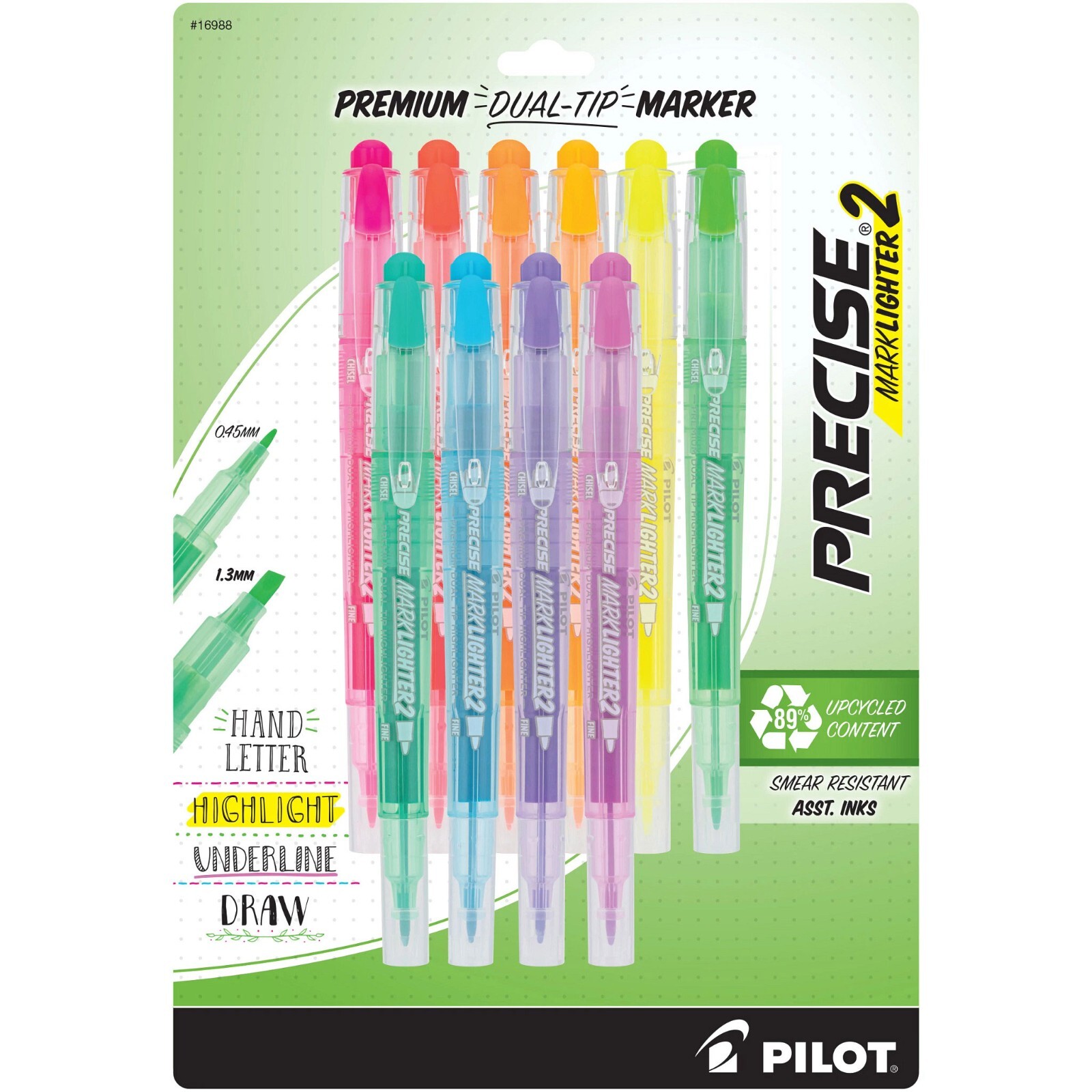 Pilot 16988 Precise Marklighter2 Premium Dual Tip Highlighter, 10 Color Set