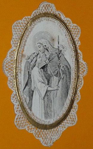 Image Pieuse Canivet Dentelle Ancienne - Marie, Fleurs Peintes Sur Tissu