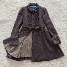 BURBERRY BLUE LABEL Tweed Frill Coat Nova Check Lining Belted Flare Brown 38 M
