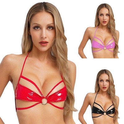 Womens Wet Look Micro Lace-up Bra Halter Hollow Out Mini Bralette Lingerie Party