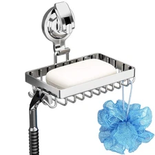 Soap Holder Shower, Suction Cup Soap Dish for Shower with 4 Hooks, 304 Stainl...