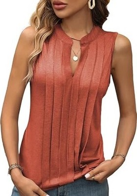 EVALESS Women's Sleeveless Basic Tank Top Pleated Drape Tomato Red Size M