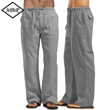 Mens Cotton Linen Loose Pants Casual Drawstring Beach Yoga Baggy Long Trousers