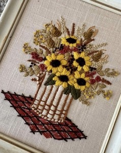 Vintage 70s Crewel Sunflower Bouquet Country Rustic Wall Decor Framed