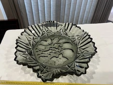 Vintage Federal Glass Pioneer Smoke Fruit Pattern 11" Round Crimped Glass Bowl