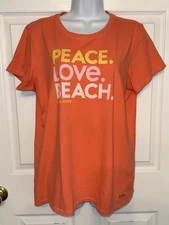 Life Is Good Women’s Sz Large Orange Peace Love Beach S/S Crusher Tee Shirt EUC