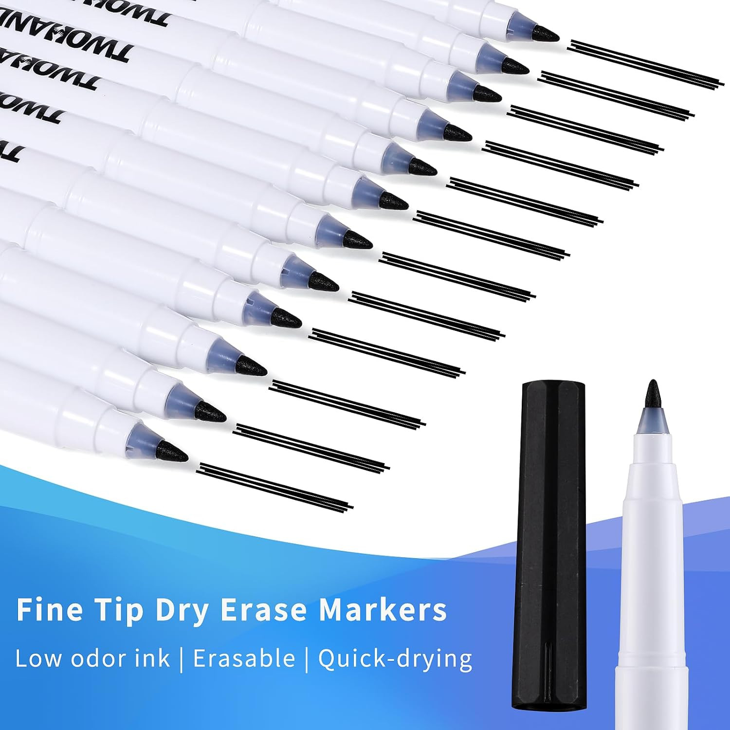 Dry Erase Markers Fine Tip Black,Ultra Fine Extra Fine Point 0.7Mm,Low Odor,Whit