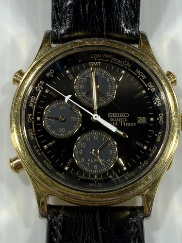 Vintage Seiko World Timer 38mm Chronograph Alarm Watch 5T52-6A39 New Battery