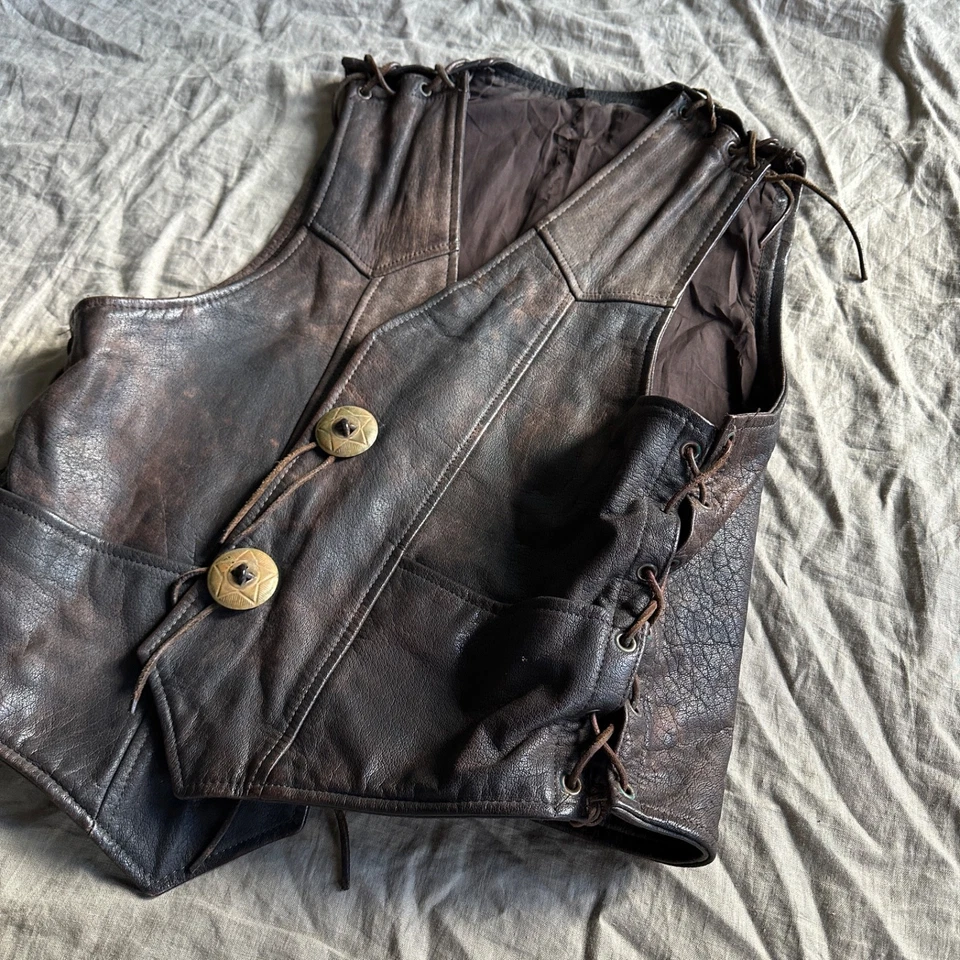Vintage Brown Real Leather Biker Vest Western Rocker Style Lace-Up Size XL - Image 2 of 3