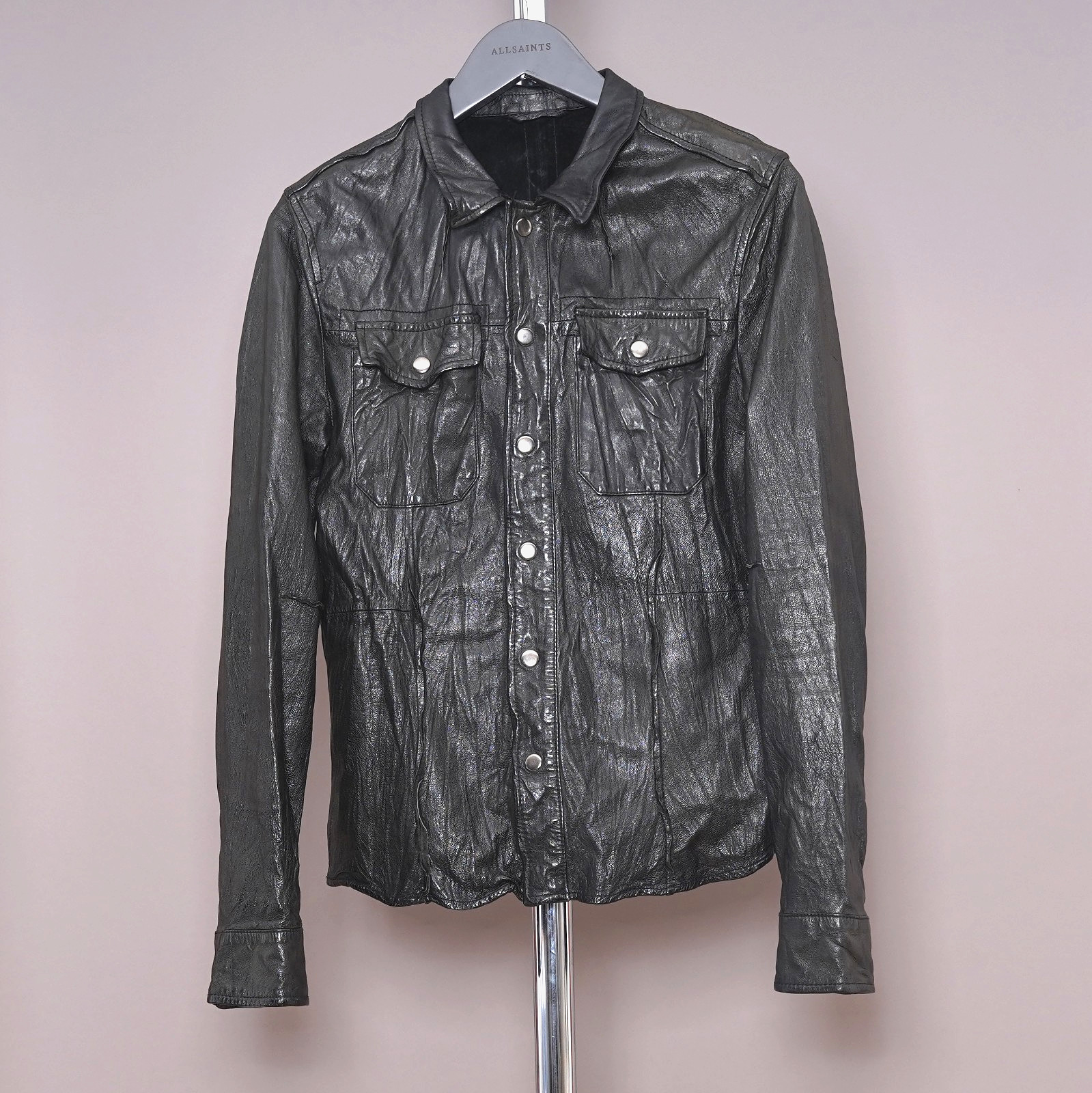 ALL SAINTS Leather Shirt Jacket Mens SMALL Black Biker Celebrity Grail LORRIMER