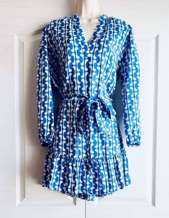 Zara Blue and White Long Sleeve Wrap Dress Geometric Print Summer Resort Size XS image 4