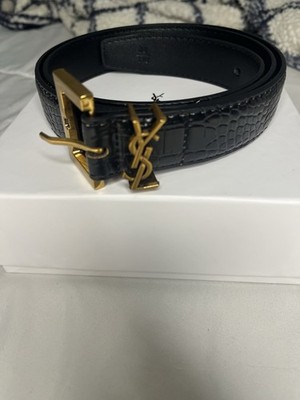 Saint Laurent Men's Black Croc Dress Belt Gold Logo Buckle Adjustable 42 1.25''