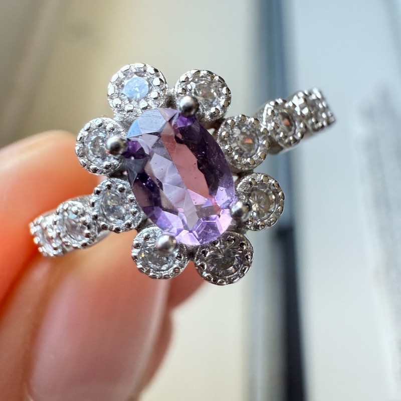 925 Sterling Silver Ring 6x4mm Natural Purple Amethyst Gemstone Zircon Flower