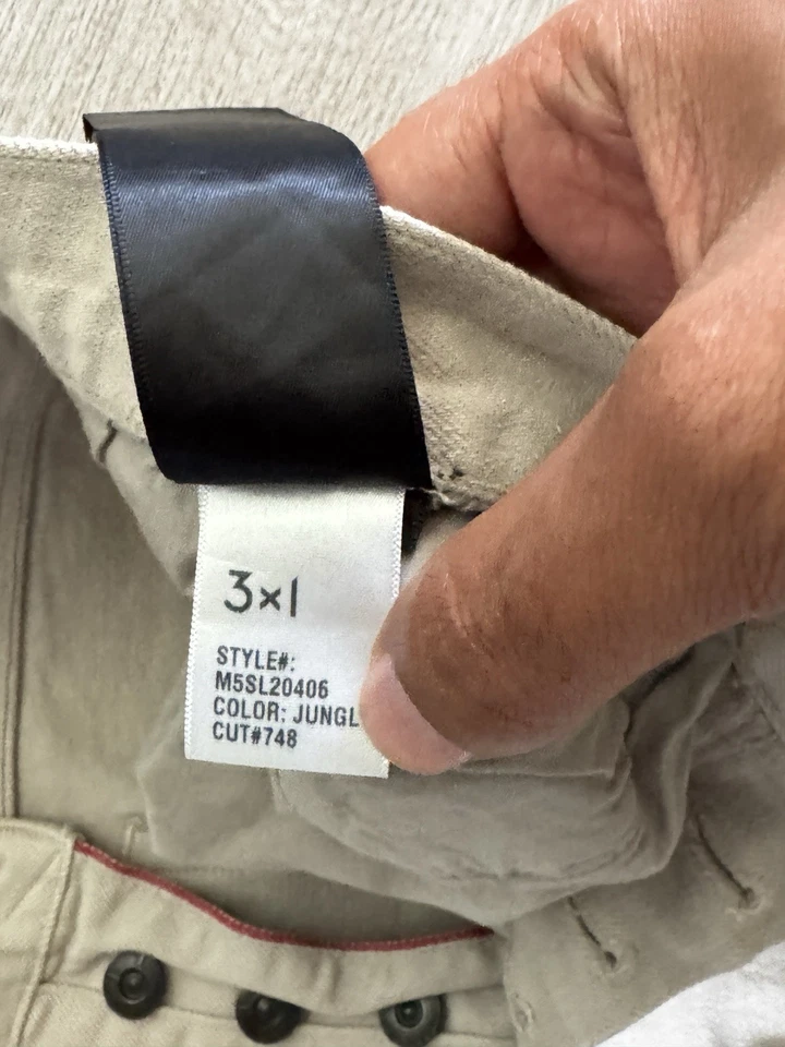 Pantalones de mezclilla 3x1 NYC ajustados 34x32 elásticos arena beige hechos en EE. UU. Ribete Foto 4 de 4