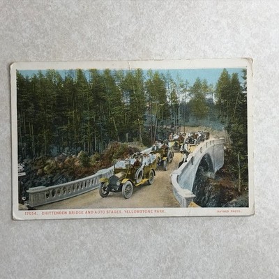 L192 Vintage Postcard Crittenden Bridge and Auto Stages, Yellowstone Park, WY