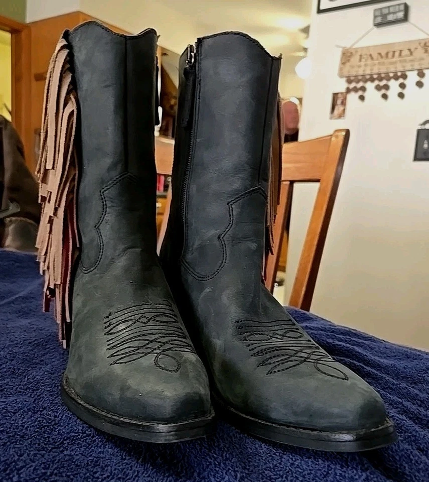 Динго кожи ковбойские сапоги бахрома новый черный желтовато-коричневый бахрома шнурует вверх назад сексуальный размер 8! - Изображение 2 из 4