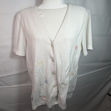 Vintage Alfred Dunner White Embroidered Knit Cardigan Large Underwater Sea Life