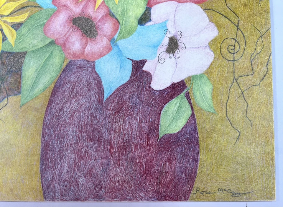"Ramo de flores en florero arte popular naturaleza muerta color lápiz dibujo 11x14""" Foto 2 de 4