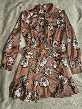Express Floral Satin Long Sleeve Ruffle Mini Dress Brown Beige Women’s Medium
