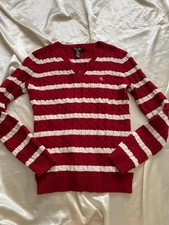 Vintage y2k Ralph Lauren Red White Striped Cable Knit Sweater Logo Preppy Small