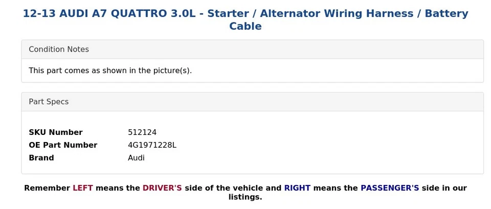 12-13 AUDI A7 QUATTRO 3.0L - Starter / Alternator Wiring Harness / Battery Cable - Image 3 of 4