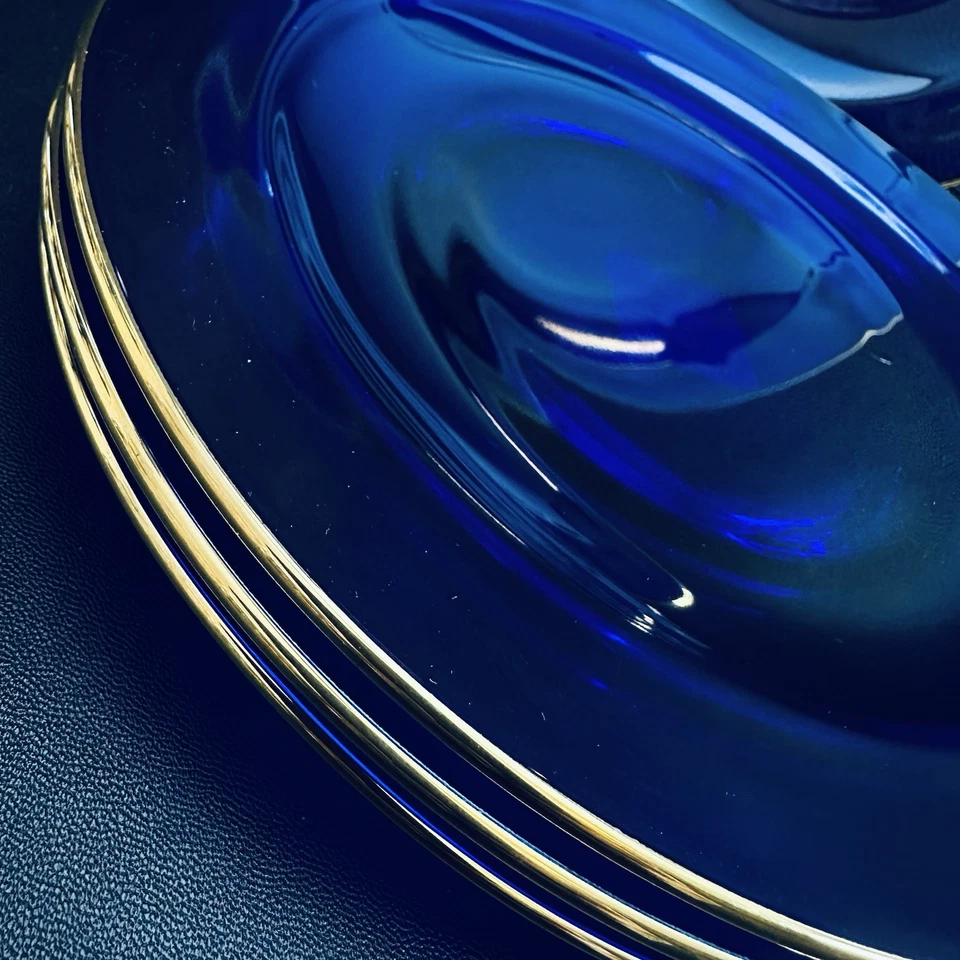 4 Cobalt Blue Glass Salad Plates Gold Rim Plate Set Vintage 8” - Image 2 of 4