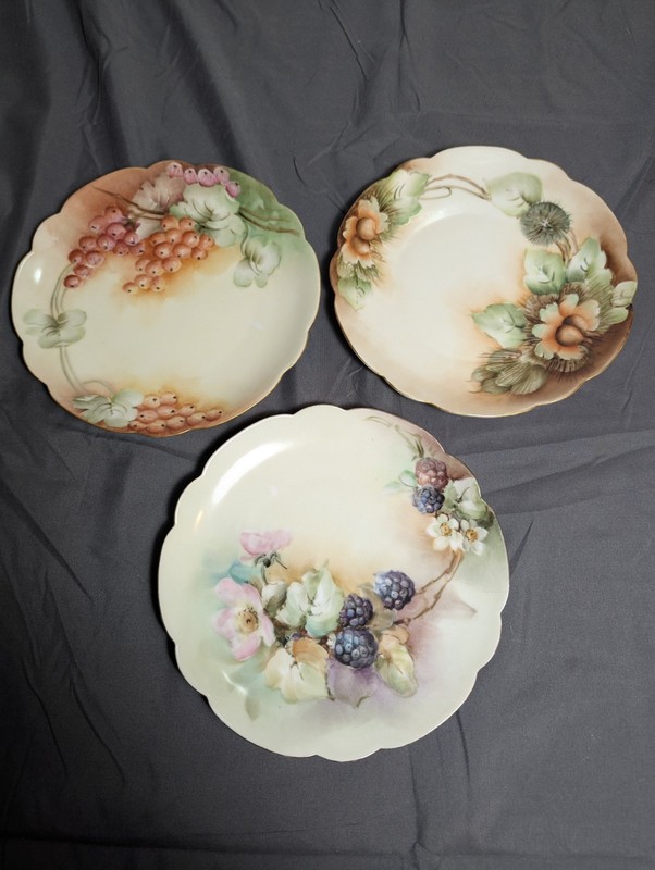 3 Vintage  Bavaria Germany 7.5 in Plates Scalloped Floral/Fruit