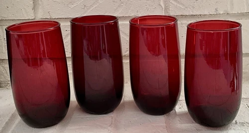 Vintage Ruby Red Anchor Hocking Glasses 8 oz Tumblers Roly Poly - Lot Of 4