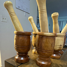 Handmade Wood Mortar & Pestle Set, Medium Brown, 6in Dia x 9in, Bowl