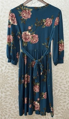 reborn j long sleeve dress Reborn J Womens M Blue Floral Knit Tie Back Long Sleeve Midi Dress