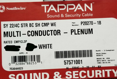 Southwire/Tappan P20270 22/4C Plenum Shielded Sound/Security Cable White /100ft