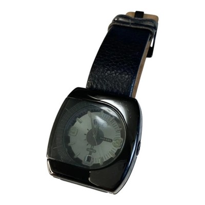 DIEZEL Quartz Watch Men s Black Leather Strap Used Scratched Plastic Face