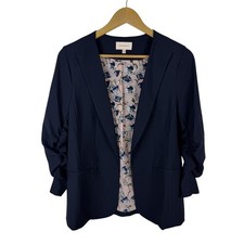 Skies Are Blue Navy Ruched Floral Lined Open Front Blazer Small Office Career
