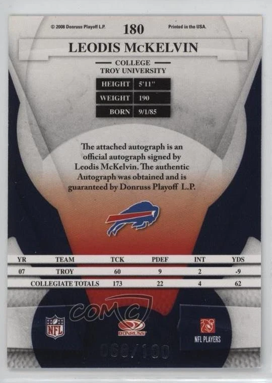 2008 Leaf Certified Materials New Generation /100 Leodis McKelvin Rookie Auto RC - Image 2 of 2