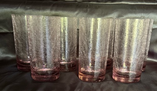 VINTAGE RARE SET OF 7 PINK CRACKLE GLASS LARGE TUMBLERS EUC STUNNING - Picture 7 of 8