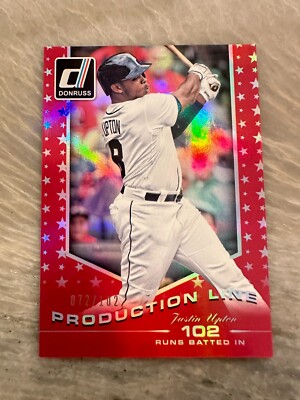 JUSTIN UPTON 2015 PANINI DONRUSS #16 RED RBI PRODUCTION LINE FOIL PARALLEL /102