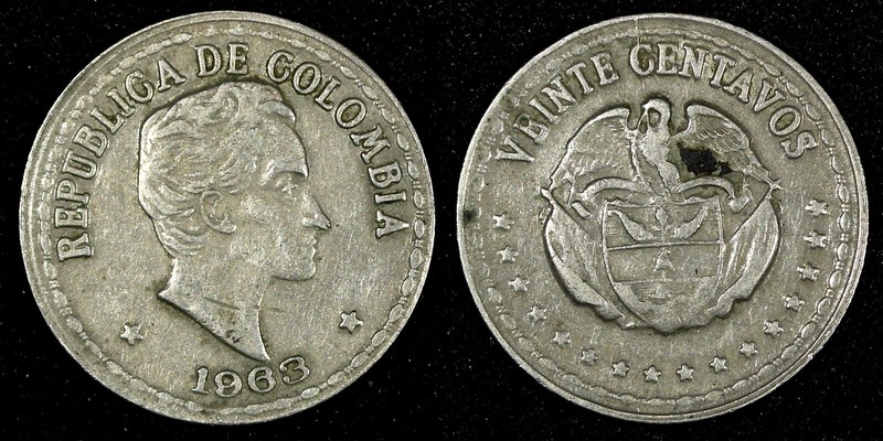 Colombia Simon Bolivar 1963 20 Centavos Large Date Variety VF KM# 215.2 (26 989)