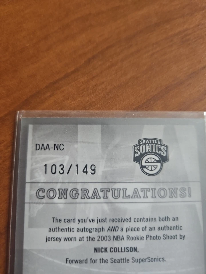 2004-05 Fleer Throwback Nick Collison Autograph Game Used Jersey# 103/149 - Image 3 of 3