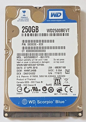 250 GB SATA Western Digital WD2500BEVT-80A23T0 5400rpm 8MB HDD 2,5" Festplatte