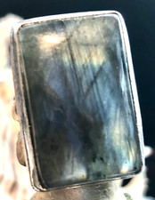 LARGE 1 " Fiery Blue Labradorite Ring Rectangle .925 Sterling Silver Size 7