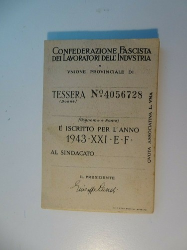 TESSERA CONFEDERAZIONE FASCISTA LAVORATORI DELL'INDUSTRIA-ANNO XXI-1943 - Picture 2 of 2