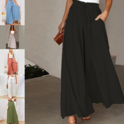 Women Casual Elastic High Waist Wide Leg Pants Loose Long