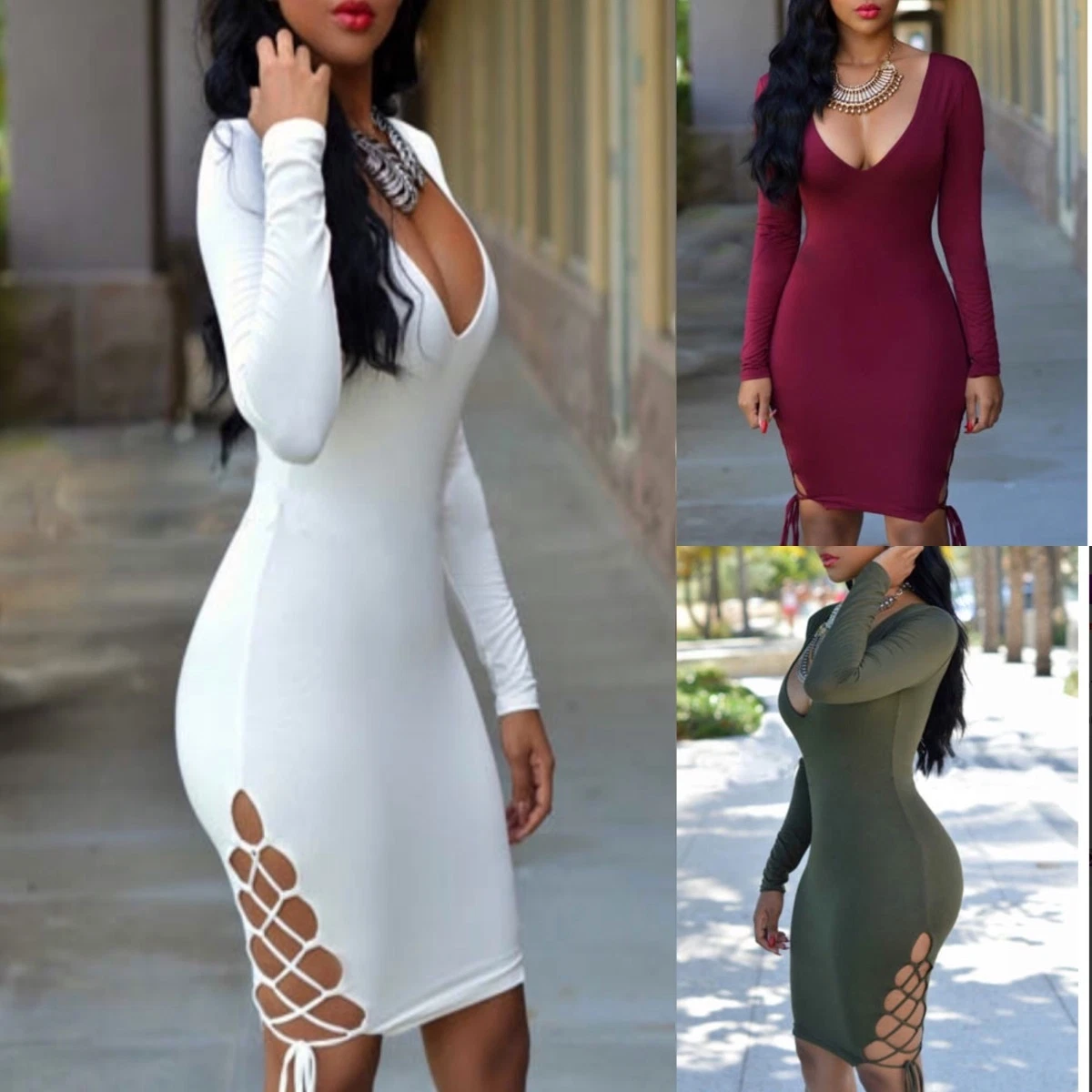 Long Sleeve lace up side Bodycon body hugging Casual Clubwear midi Dress  BD193