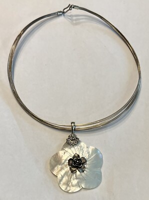QVC Mother Of Pearl Sterling HIBISCUS FLOWER Multi Strand Cable Necklace
