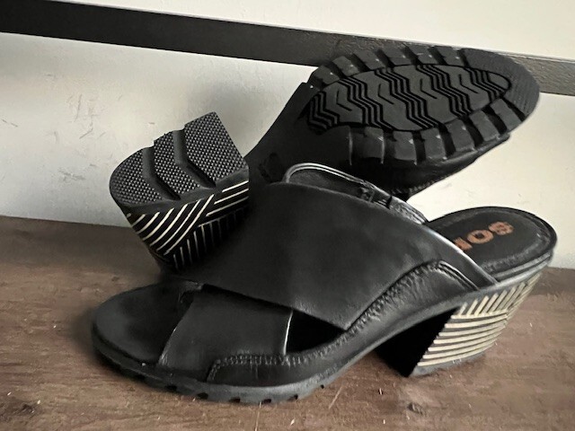 Sorel Nadia Slide Sandal Black Leather Heel Open Toe Geometric